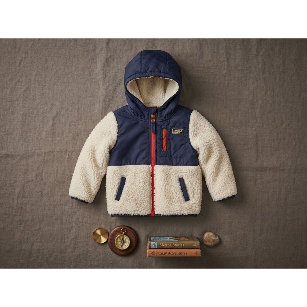 Eddie Bauer Toddler Boy Sherpa Fleece Hooded Jacket Size 24M Navy White EUC